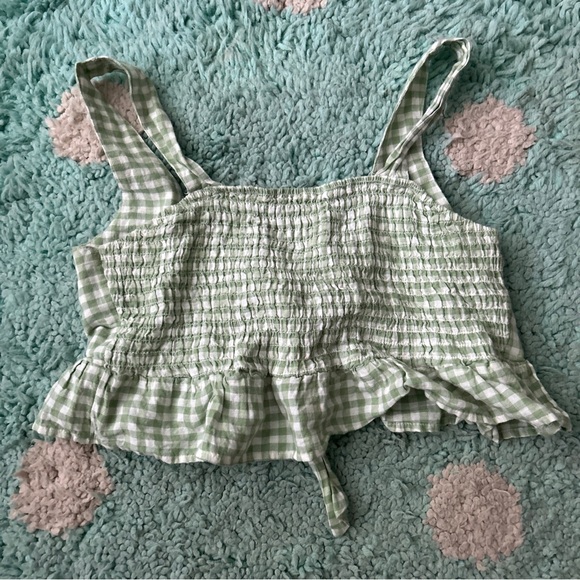 American Eagle Women SET Crop Top Pants Shirt Ruffle Gingham Green White Tie - Picture 2 of 13
